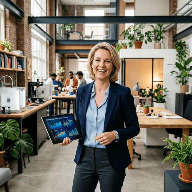 Een tevreden MKB-ondernemer met tablet op de werkvloer